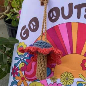 Adjustable bag charm, crochet charm, multipurpose holder, mushroom hang pouch